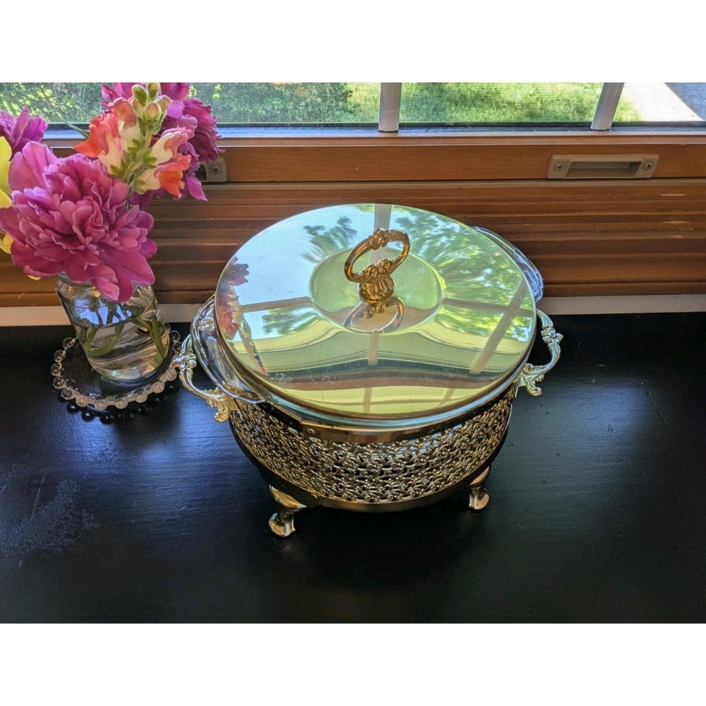 Vintage 3 Piece Anchor Hocking Gold Metal Chafing Dish And 1.5 Qt Casserole Dish